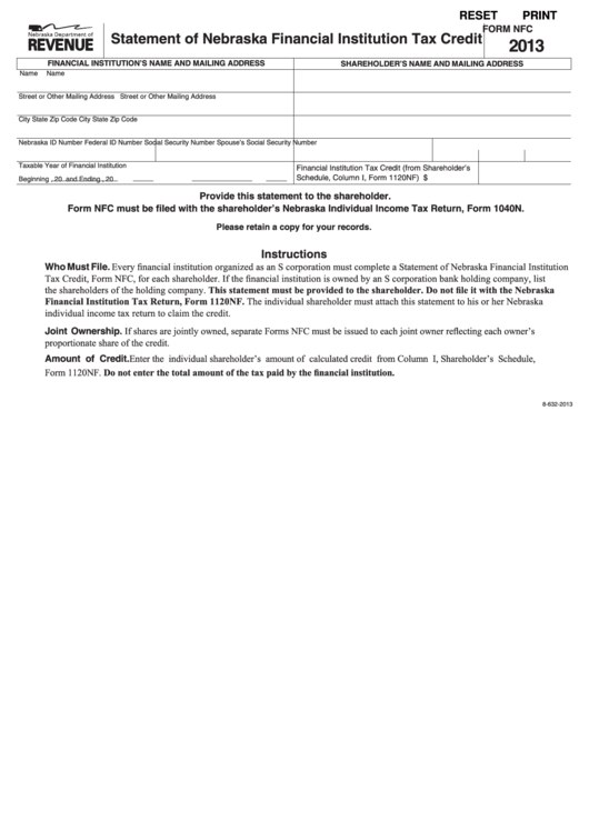 Fillable Form Nfc - Statement Of Nebraska Financial Institution Tax Credit - 2013 Printable pdf