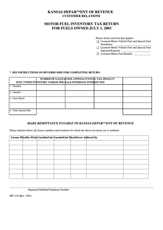 Fillable Form Mf-219 - Motor Fuel Inventory Tax Return For Fuels Owned July 1, 2003 Printable pdf