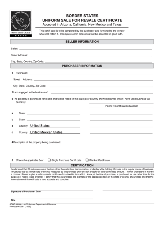 Fillable Form Ador 60-0081f - Uniform Sale For Resale Certificate Printable pdf