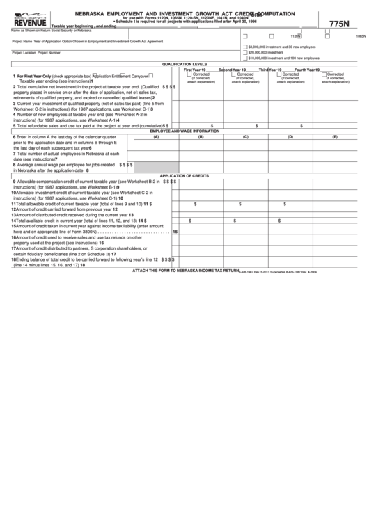 Fillable Form 775n - Nebraska Employment And Investment Growth Act Credit Computation Printable pdf