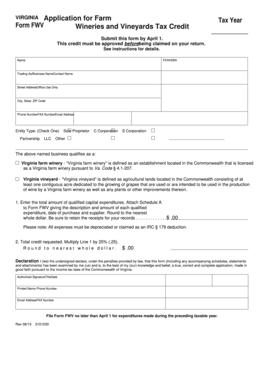 Fillable Virginia Form Fwv - Application For Farm Wineries And Vineyards Tax Credit Printable pdf