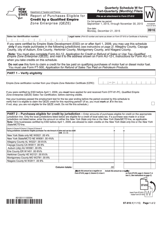 Form St-810.1 - Quarterly Schedule W For Part-Quarterly (Monthly) Filers - Report Of Purchases Eligible For Credit By A Qualified Empire Zone Enterprise (Qeze) - 2015 Printable pdf
