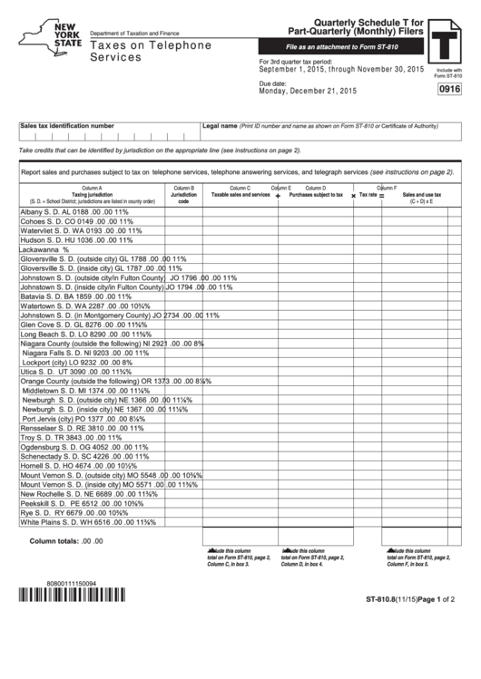 Form St-810.8 - Quarterly Schedule T For Part-Quarterly (Monthly) Filers - Taxes On Telephone Services - 2015 Printable pdf