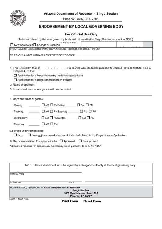 Fillable Form Ador 71-1002f - Endorsement By Local Governing Body Printable pdf