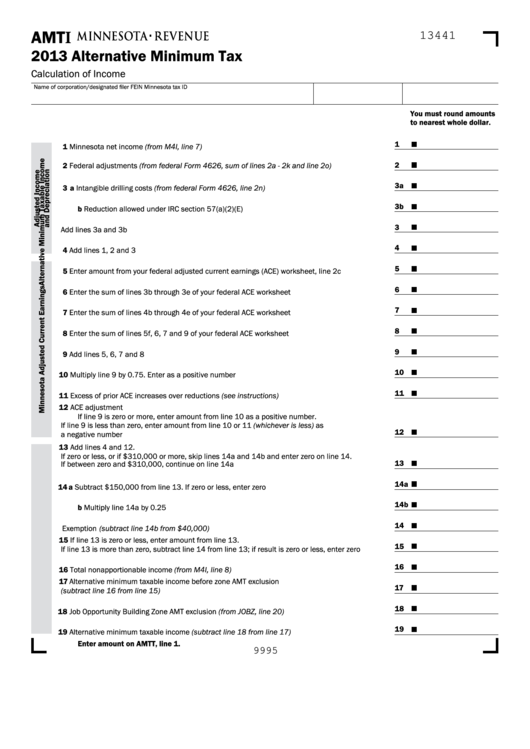 Fillable Schedule Amti - Alternative Minimum Tax - 2013 Printable pdf