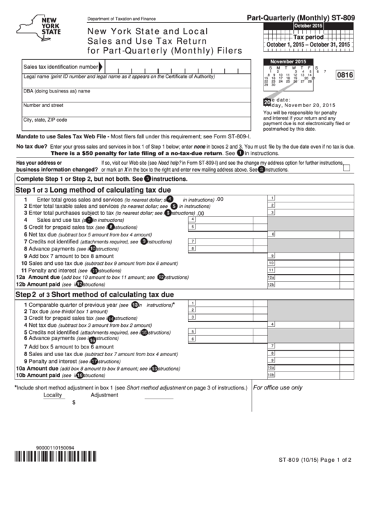 Form St-809 - New York State And Local Sales And Use Tax Return For Part-Quarterly (Monthly) Filers - 2015 Printable pdf