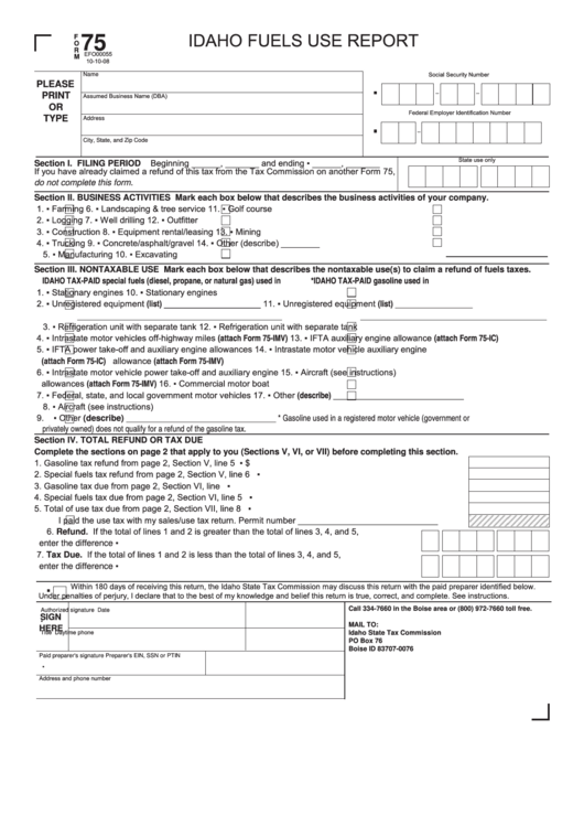 Fillable Form 75 - Idaho Fuels Use Report Printable pdf