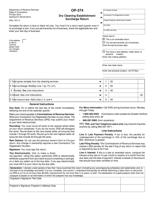 Fillable Form Op-374 - Dry Cleaning Establishment Surcharge Return Printable pdf