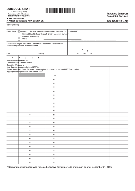 Schedule Kira-T (Form 41a720-S25) - Tracking Schedule For A Kira Project Printable pdf