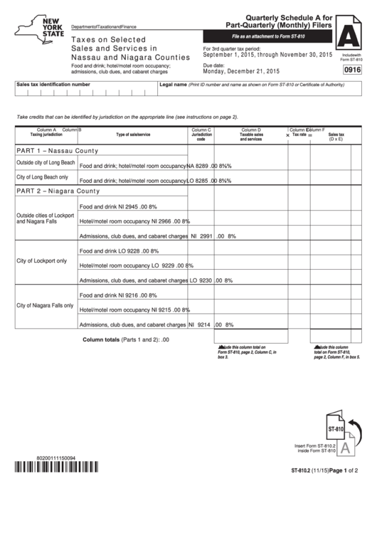 Fillable Form St-810.2 - Quarterly Schedule A For Part-Quarterly (Monthly) Filers - Taxes On Selected Sales And Services In Nassau And Niagara Counties - 2015 Printable pdf