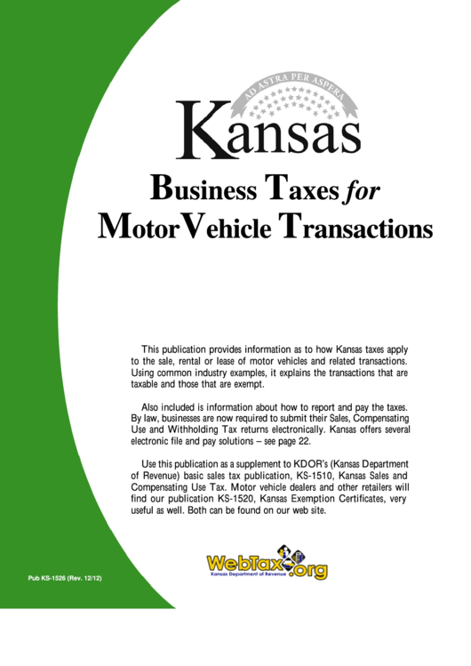 Form Pub. Ks-1526 - Kansas Business Taxes For Motor Vehicle Transactions Printable pdf