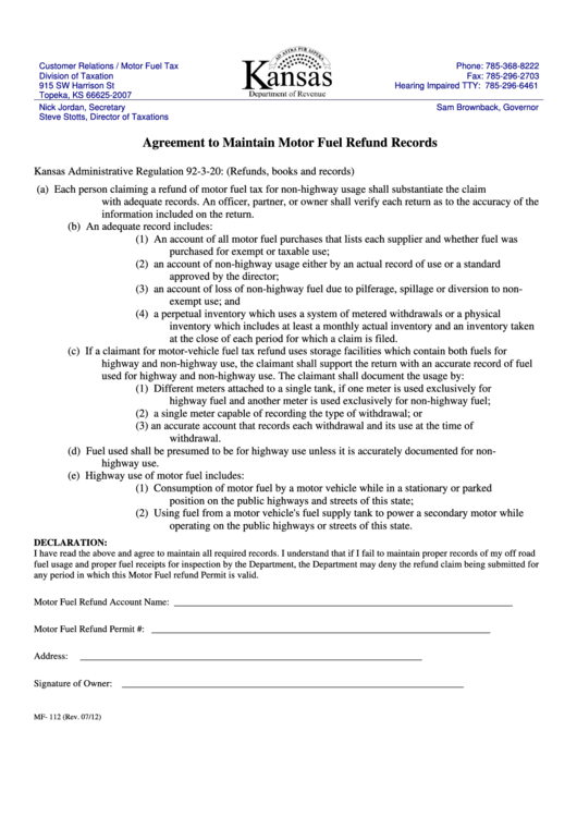 Fillable Form Mf-112 - Agreement To Maintain Motor Fuel Refund Records Printable pdf