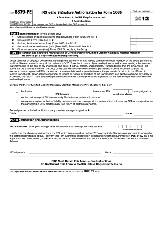 Fillable Form 8879-Pe - Irs E-File Signature Authorization For Form 1065 - 2012 Printable pdf