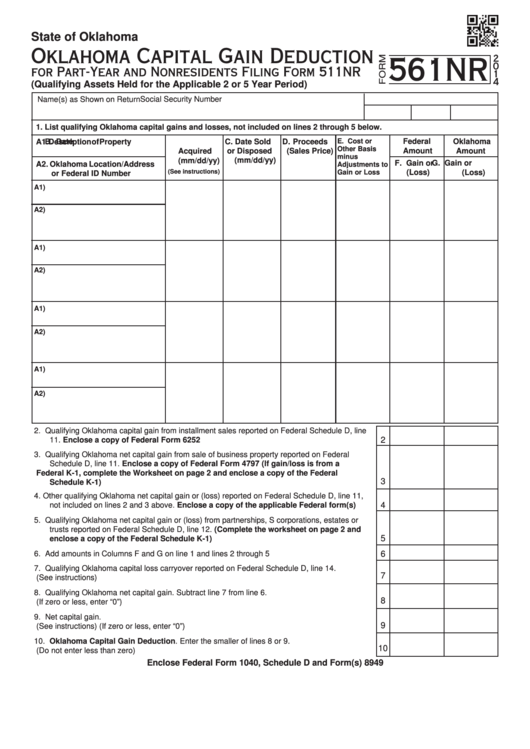 Fillable Form 561nr - Oklahoma Capital Gain Deduction - 2014 Printable pdf