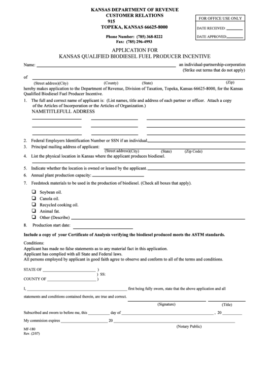 Fillable Form Mf-180 - Application For Kansas Qualified Biodiesel Fuel Producer Incentive Printable pdf