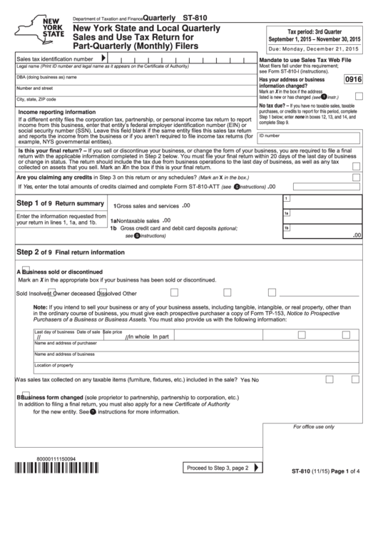 Form St-810 - New York State And Local Quarterly Sales And Use Tax Return For Part-Quarterly (Monthly) Filers - 2015 Printable pdf