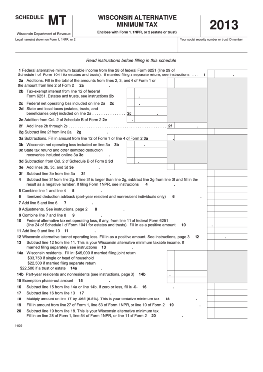 Fillable Schedule Mt - Wisconsin Alternative Minimum Tax - 2013 Printable pdf