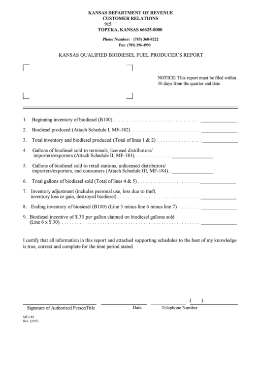 Fillable Form Mf-181 - Kansas Qualified Biodiesel Fuel Producer