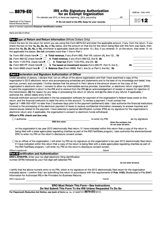 Fillable Form 8879-E0 - Irs E-File Signature Authorization For An Exempt Organization - 2012 Printable pdf