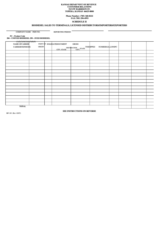 Fillable Form Mf-183 - Biodiesel Sales To Terminals, Licensed Distributors/importers/exporters Printable pdf