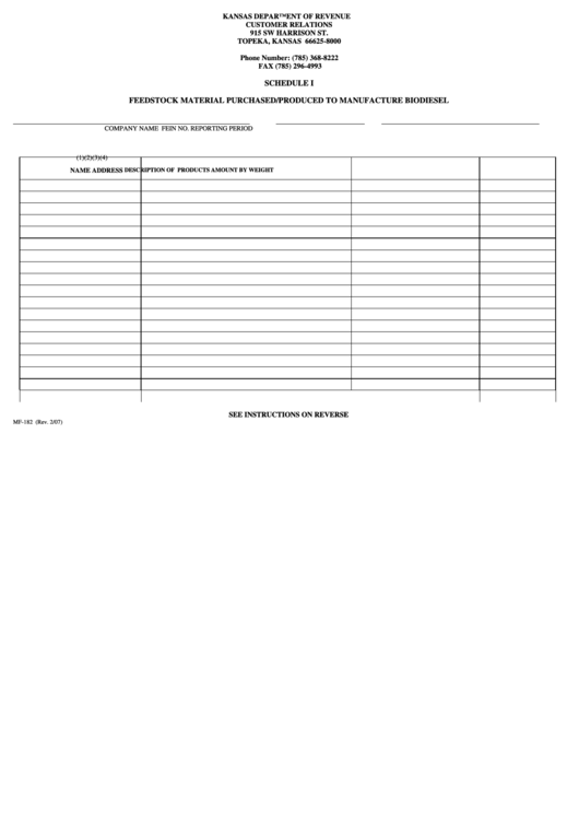 Form Mf-182 - Schedule I - Feedstock Material Purchased/produced To ...