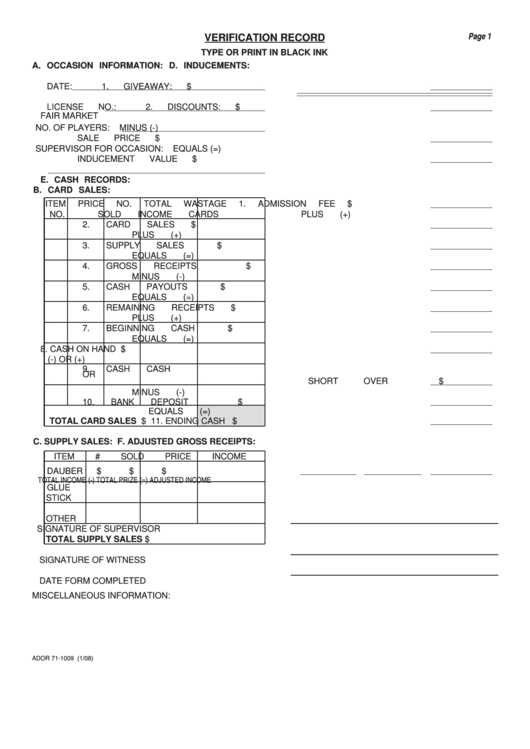 Fillable Form Ador 71-1009 - Verification Record Printable pdf