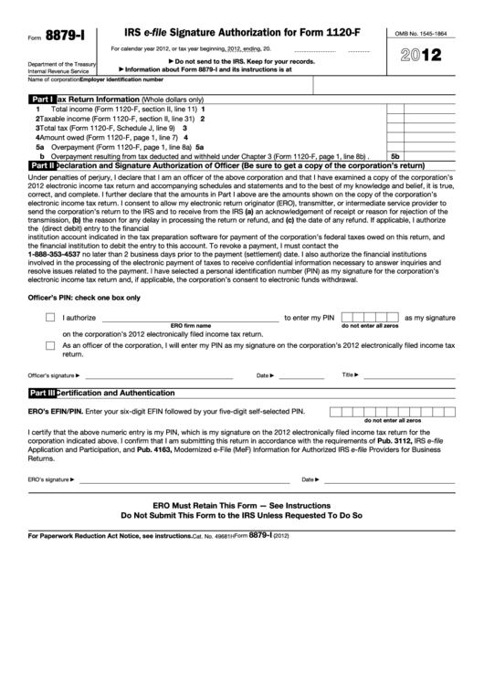 Fillable Form 8879-I - Irs E-File Signature Authorization For Form 1120-F - 2012 Printable pdf