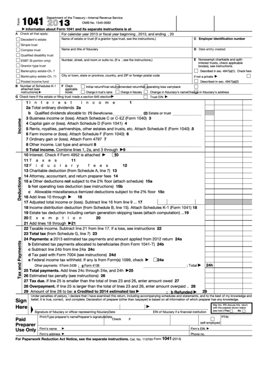 Fillable Form 1041 - U.s. Income Tax Return For Estates And Trusts - 2013 Printable pdf