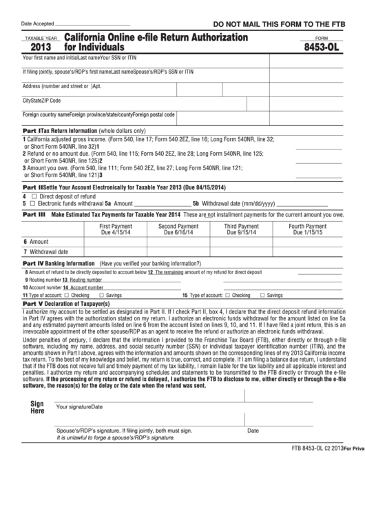 Form 8453-Ol - California Online E-File Return Authorization For Individuals - 2013 Printable pdf