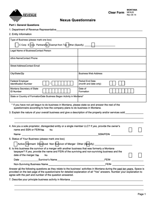Fillable Form Nexus - Nexus Questionnaire Printable pdf