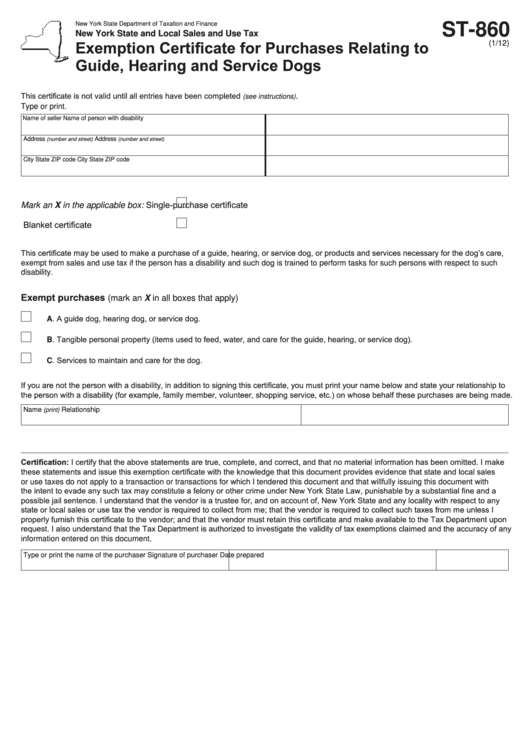 Fillable Form St-860 - Exemption Certificate For Purchases Relating To Guide, Hearing And Service Dogs Printable pdf
