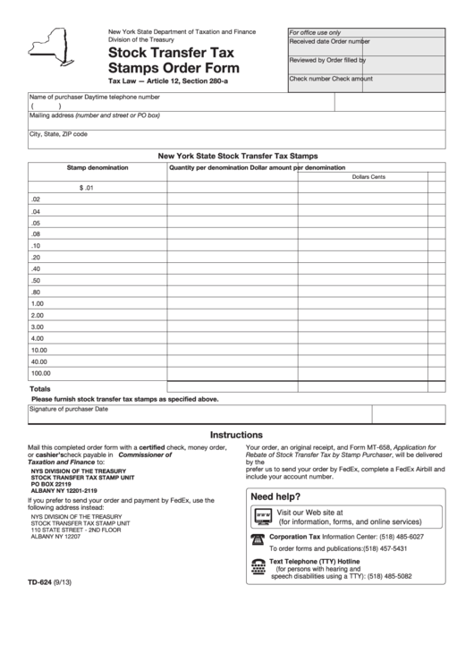 Form Td-624 - Stock Transfer Tax Stamps Order Form Printable pdf