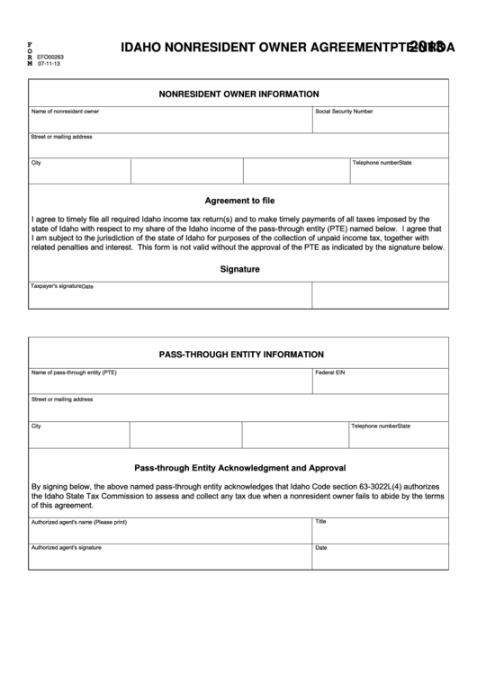 Fillable Form Pte-Nro - Idaho Nonresident Owner Agreement - 2013 Printable pdf