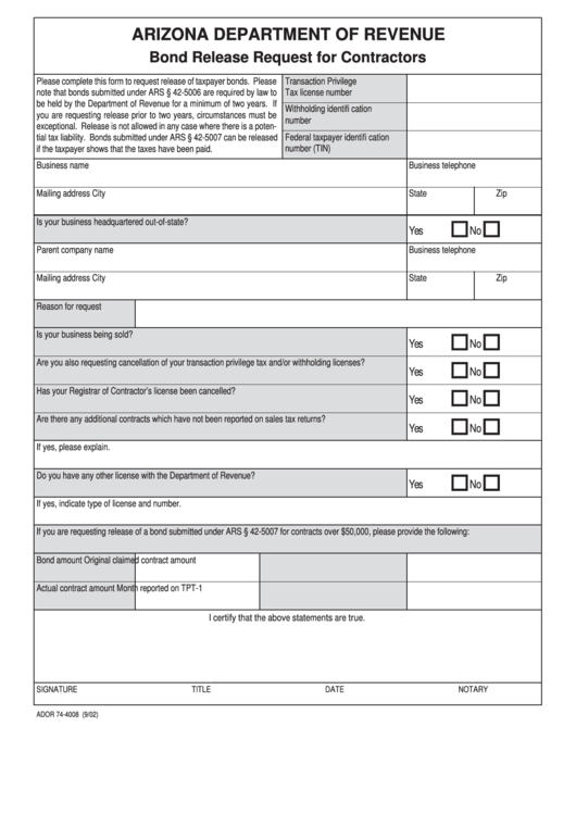 Fillable Form Ador 74-4008 - Bond Release Request For Contractors Printable pdf