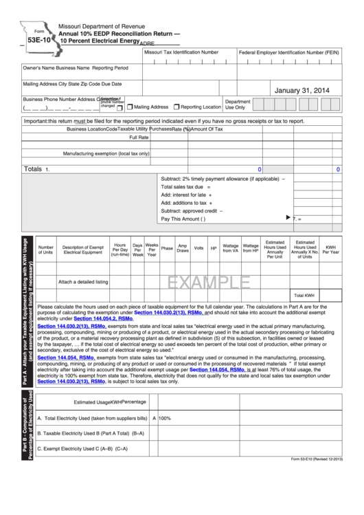 Fillable Form 53e-10 - Annual 10% Eedp Reconciliation Return - 10 Percent Electrical Energy Printable pdf