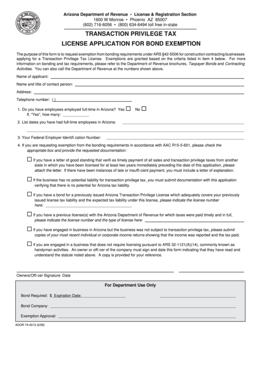 Form Ador 74-4013 - Transaction Privilege Tax License Application For Bond Exemption Printable pdf