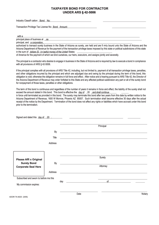 Fillable Form Ador 74-4023 - Taxpayer Bond For Contractor Printable pdf