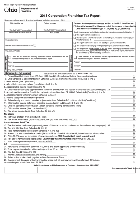 Fillable Form Ft 1120 - Corporation Franchise Tax Report - 2013 Printable pdf