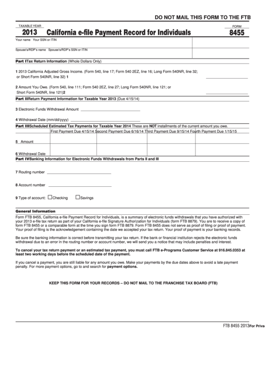 Form 8455 - California E-File Payment Record For Individuals - 2013 Printable pdf