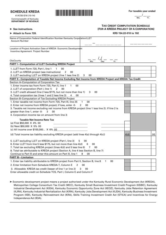 Fillable Schedule Kreda (Form 41a720-S16) - Tax Credit Computation Schedule (For A Kreda Project Of A Corporation) Printable pdf