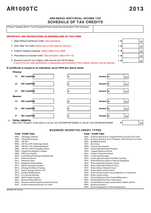Fillable Form Ar1000tc - Schedule Of Tax Credits - 2013 Printable pdf