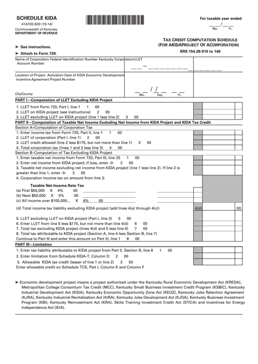 Fillable Schedule Kida (Form 41a720-S20) - Tax Credit Computation Schedule (For A Kida Project Of A Corporation) Printable pdf
