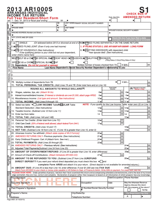 Fillable Form Ar1000s - Arkansas Individual Income Tax Return - 2013 Printable pdf