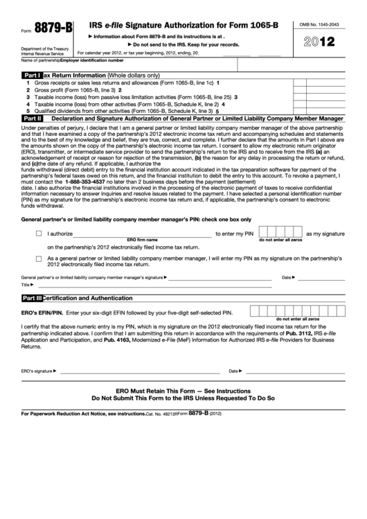 Fillable Form 8879-B -Irs E-File Signature Authorization For Form 1065-B - 2012 Printable pdf