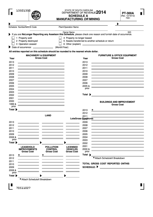 Form Pt-300a - Schedule A - Manufacturing Or Mining - 2014 Printable pdf