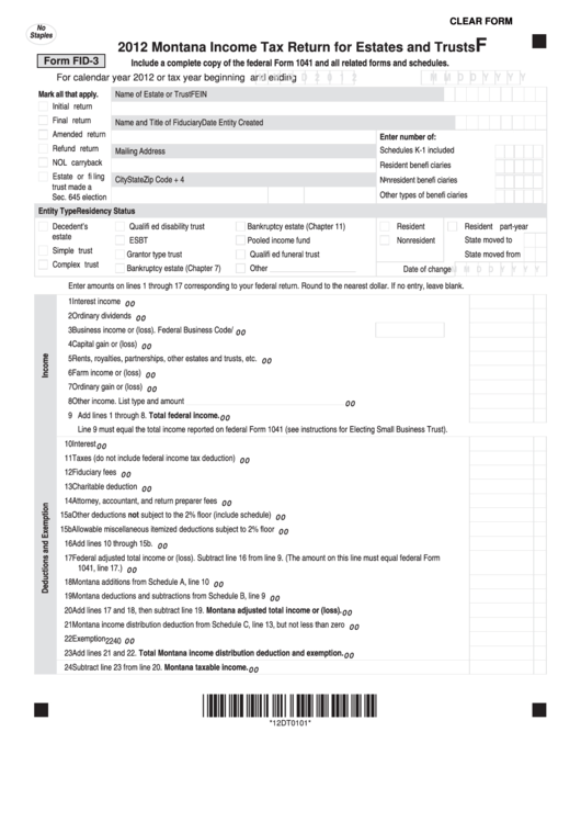 Fillable Form Fid-3 - Montana Income Tax Return For Estates And Trusts - 2012 Printable pdf