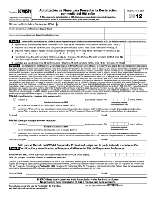 Fillable Form 8879(Sp) - Autorizacion De Firma Para Presentar La Declaracion Por Medio Del Irs E-File - 2012 Printable pdf