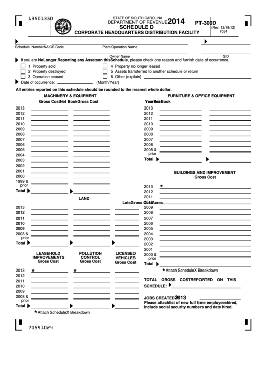 Form Pt-300d - Schedule D - Corporate Headquarters Distribution Facility - 2014 Printable pdf