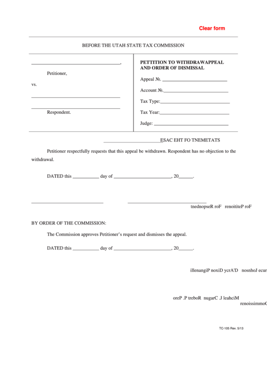 Fillable Form Tc-105 - Pettition To Withdrawappeal And Order Of Dismissal Printable pdf