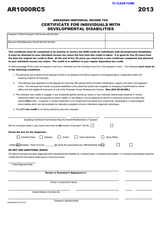 Fillable Form Ar1000rc5 - Certificate For Individuals With Developmental Disabilities - 2013 Printable pdf